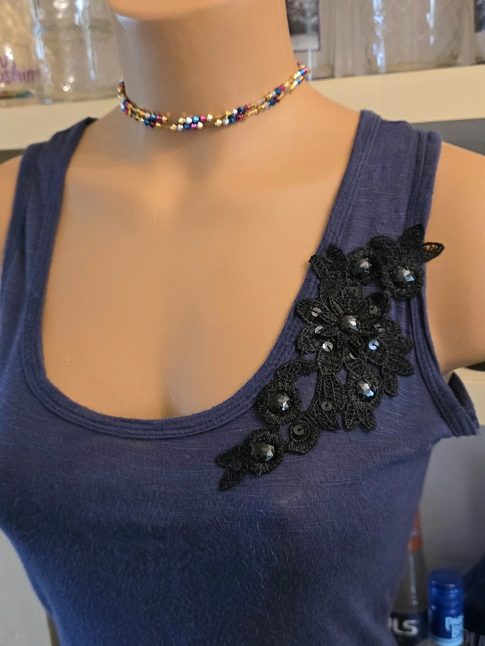 Charlotte Russe Vintage Y2K Blue Racerback Tanktop M. Black Applique Beaded EUC